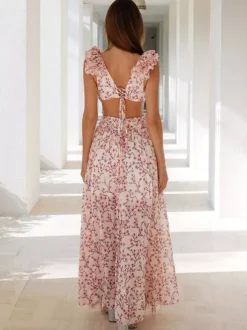 Flowy Flower Dress Plunge High-Slit Backless Maxi Boho Dresses