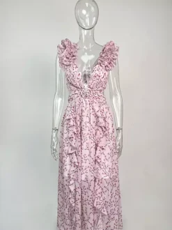 Flowy Flower Dress Plunge High-Slit Backless Maxi Boho Dresses