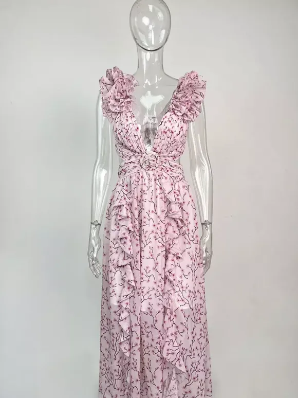 Flowy Flower Dress Plunge High-Slit Backless Maxi Boho Dresses