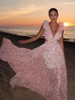 Flowy Flower Dress Plunge High-Slit Backless Maxi Boho Dresses