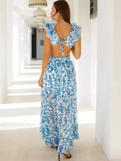 Flowy Flower Dress Plunge High-Slit Backless Maxi Boho Dresses