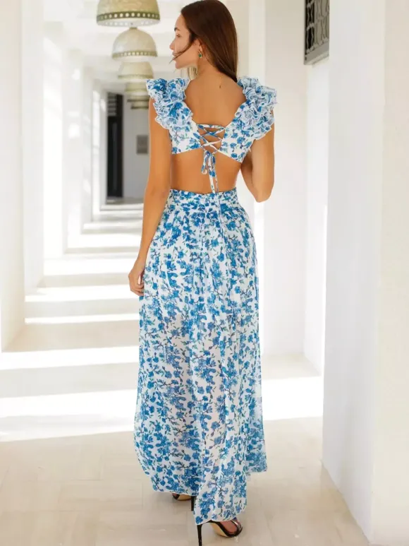 Flowy Flower Dress Plunge High-Slit Backless Maxi Boho Dresses