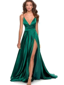 Forest Green Bridesmaid Dress A-Line Floor-Length Backless Elastic Silk Like Satin V-Neck Formal Gowns