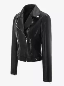 Four Color Cropped Moto Jacket Lapel Diagonal Zip Slim Fit Long Sleeve Outerwear