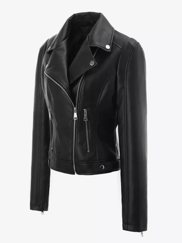 Four Color Cropped Moto Jacket Lapel Diagonal Zip Slim Fit Long Sleeve Outerwear
