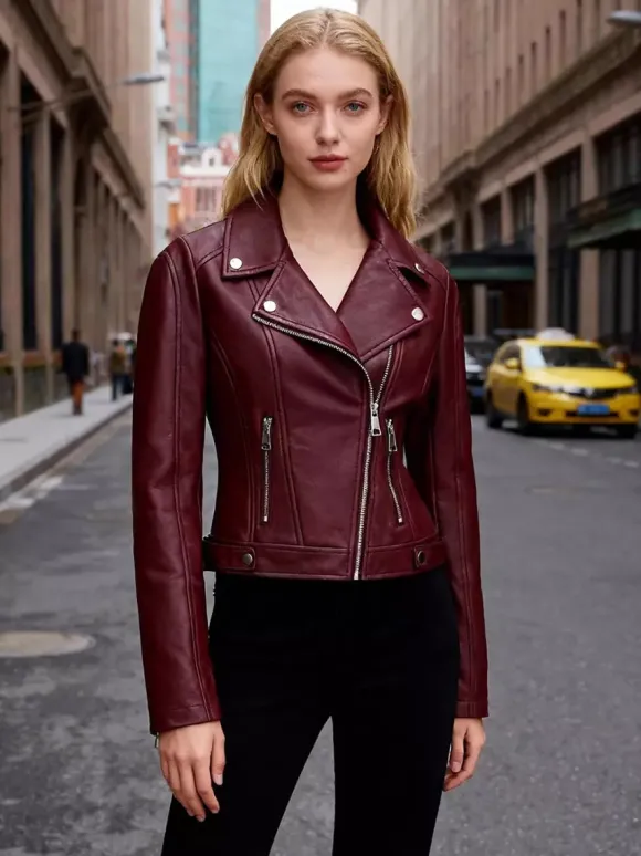 Four Color Cropped Moto Jacket Lapel Diagonal Zip Slim Fit Long Sleeve Outerwear