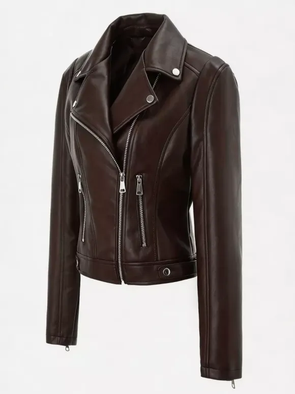 Four Color Cropped Moto Jacket Lapel Diagonal Zip Slim Fit Long Sleeve Outerwear