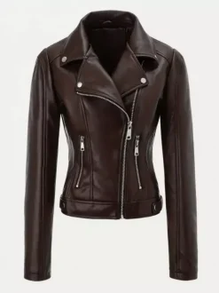 Four Color Cropped Moto Jacket Lapel Diagonal Zip Slim Fit Long Sleeve Outerwear