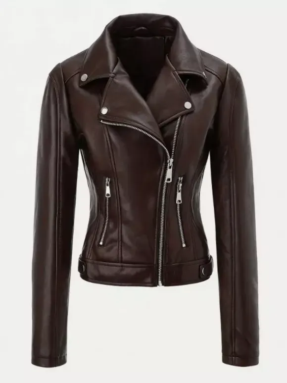 Four Color Cropped Moto Jacket Lapel Diagonal Zip Slim Fit Long Sleeve Outerwear