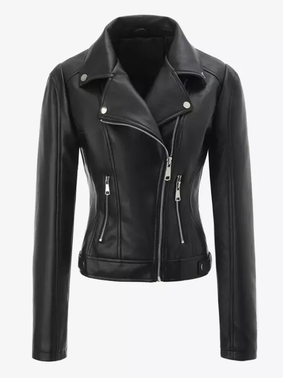Four Color Cropped Moto Jacket Lapel Diagonal Zip Slim Fit Long Sleeve Outerwear
