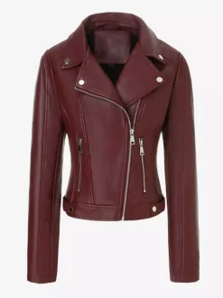 Four Color Cropped Moto Jacket Lapel Diagonal Zip Slim Fit Long Sleeve Outerwear