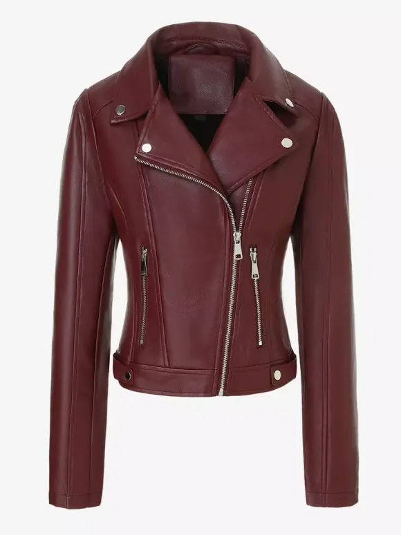Four Color Cropped Moto Jacket Lapel Diagonal Zip Slim Fit Long Sleeve Outerwear