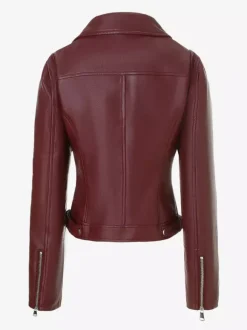 Four Color Cropped Moto Jacket Lapel Diagonal Zip Slim Fit Long Sleeve Outerwear