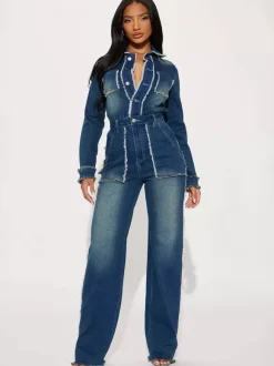 Frayed Trim Denim Jumpsuit For Women - Raw Edge Distressed Wide Leg Bodycon Jean Romper - Spring Casual Streetwear 2026