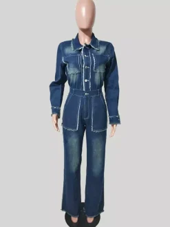 Frayed Trim Denim Jumpsuit For Women - Raw Edge Distressed Wide Leg Bodycon Jean Romper - Spring Casual Streetwear 2026