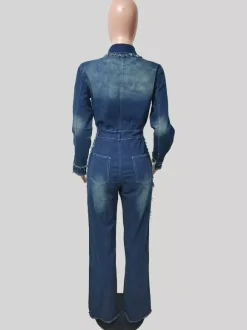 Frayed Trim Denim Jumpsuit For Women - Raw Edge Distressed Wide Leg Bodycon Jean Romper - Spring Casual Streetwear 2026