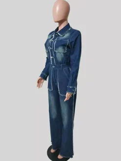 Frayed Trim Denim Jumpsuit For Women - Raw Edge Distressed Wide Leg Bodycon Jean Romper - Spring Casual Streetwear 2026