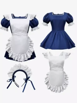 French Maid Costumes Headwear Dress Apron 3-Pieces Sets