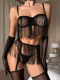 Fringe Lingerie Sexy Black 6-Piece Sexy Lace See-Through Tassel Hollow Bra Panty Sets