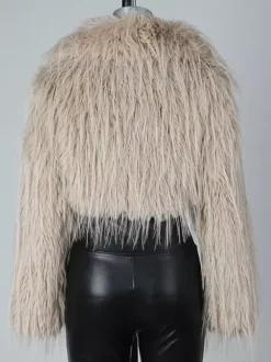 Fringed Faux Fur Cropped Coat V-neck Winter Jacket For Women 2026