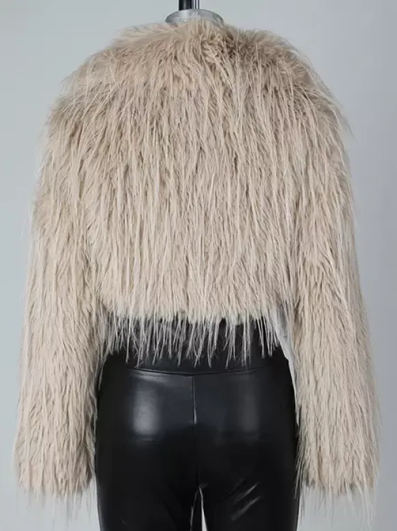Fringed Faux Fur Cropped Coat V-neck Winter Jacket For Women 2026
