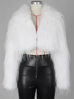 Fringed Faux Fur Cropped Coat V-neck Winter Jacket For Women 2026