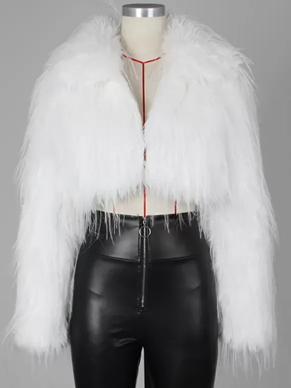 Fringed Faux Fur Cropped Coat V-neck Winter Jacket For Women 2026