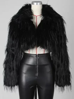 Fringed Faux Fur Cropped Coat V-neck Winter Jacket For Women 2026