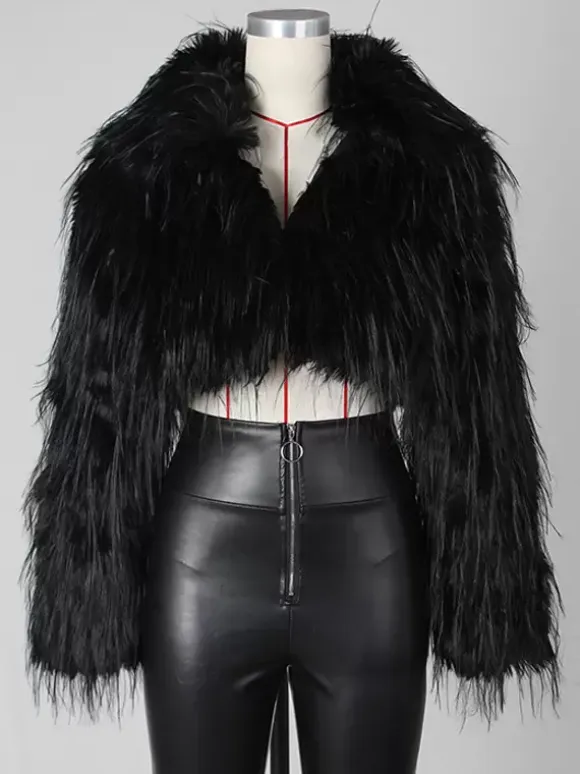 Fringed Faux Fur Cropped Coat V-neck Winter Jacket For Women 2026