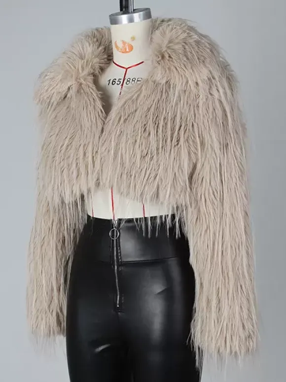 Fringed Faux Fur Cropped Coat V-neck Winter Jacket For Women 2026