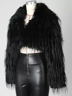 Fringed Faux Fur Cropped Coat V-neck Winter Jacket For Women 2026