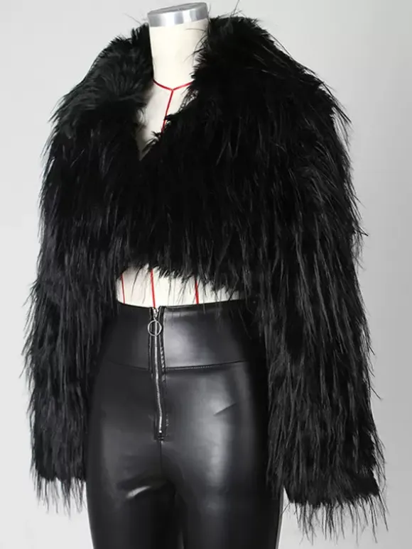 Fringed Faux Fur Cropped Coat V-neck Winter Jacket For Women 2026