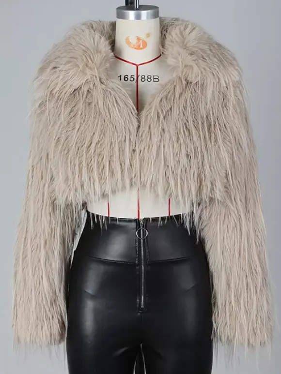 Fringed Faux Fur Cropped Coat V-neck Winter Jacket For Women 2026