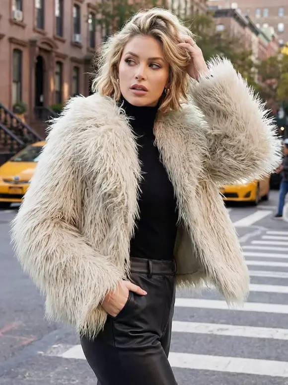 Fringed Faux Fur Coats Notched Lapel Eco-friendly Winter Jacket For Women 2026