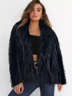 Fringed Faux Fur Coats Notched Lapel Eco-friendly Winter Jacket For Women 2026