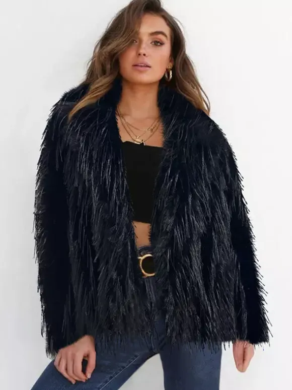 Fringed Faux Fur Coats Notched Lapel Eco-friendly Winter Jacket For Women 2026