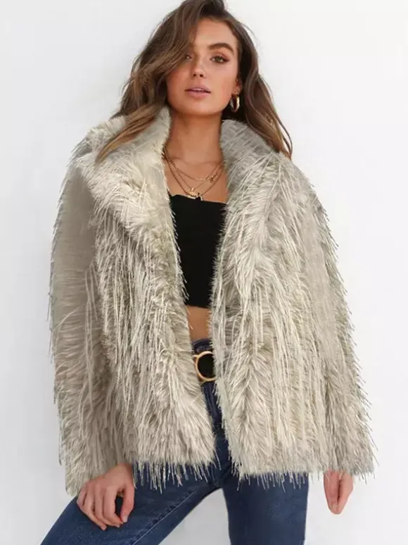 Fringed Faux Fur Coats Notched Lapel Eco-friendly Winter Jacket For Women 2026