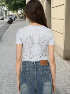 Front Back Embroidery Letter Wing Slim Fit Short Sleeve T Shirt