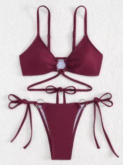 Front Ring Detail Solid Color Bikini With Adjustable Side Ties For Summer 2026
