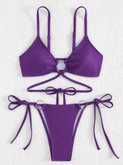 Front Ring Detail Solid Color Bikini With Adjustable Side Ties For Summer 2026