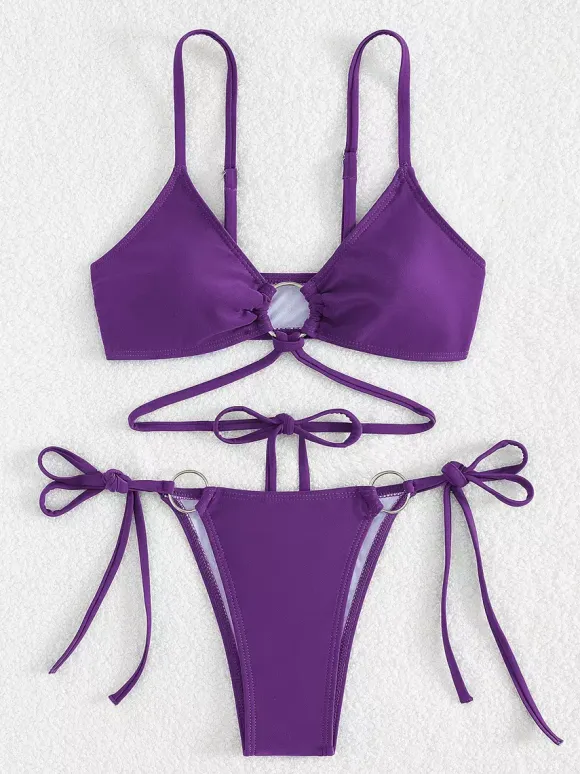 Front Ring Detail Solid Color Bikini With Adjustable Side Ties For Summer 2026