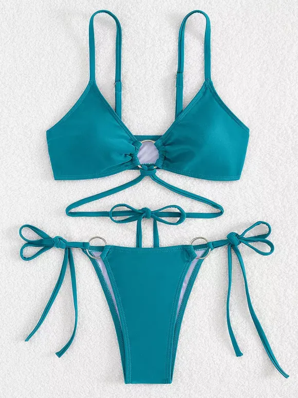Front Ring Detail Solid Color Bikini With Adjustable Side Ties For Summer 2026