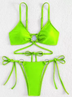 Front Ring Detail Solid Color Bikini With Adjustable Side Ties For Summer 2026