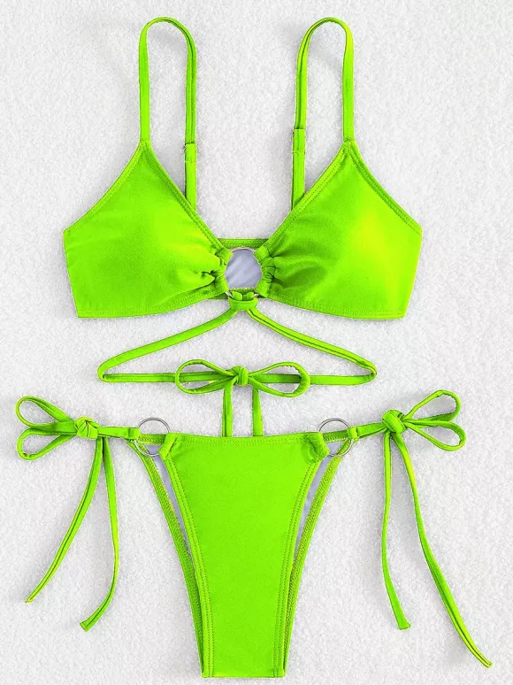 Front Ring Detail Solid Color Bikini With Adjustable Side Ties For Summer 2026