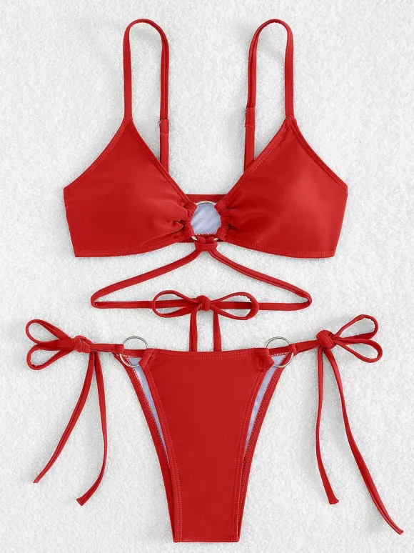 Front Ring Detail Solid Color Bikini With Adjustable Side Ties For Summer 2026