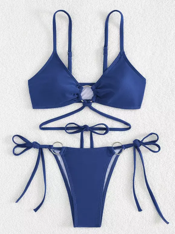 Front Ring Detail Solid Color Bikini With Adjustable Side Ties For Summer 2026