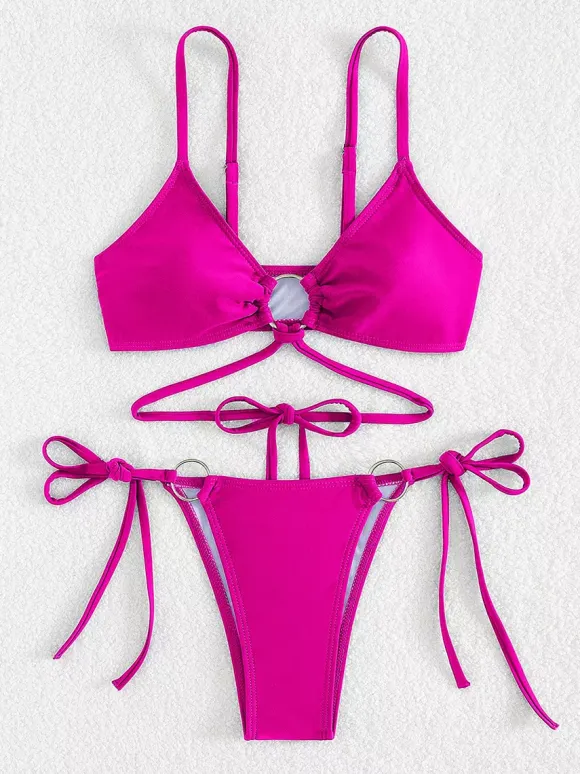 Front Ring Detail Solid Color Bikini With Adjustable Side Ties For Summer 2026
