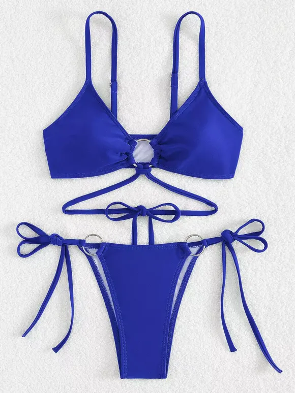 Front Ring Detail Solid Color Bikini With Adjustable Side Ties For Summer 2026