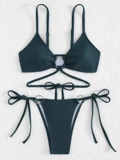 Front Ring Detail Solid Color Bikini With Adjustable Side Ties For Summer 2026