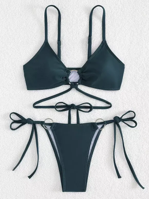 Front Ring Detail Solid Color Bikini With Adjustable Side Ties For Summer 2026